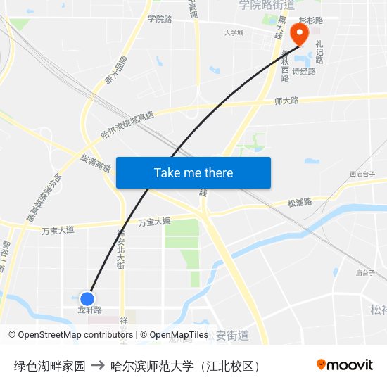 绿色湖畔家园 to 哈尔滨师范大学（江北校区） map