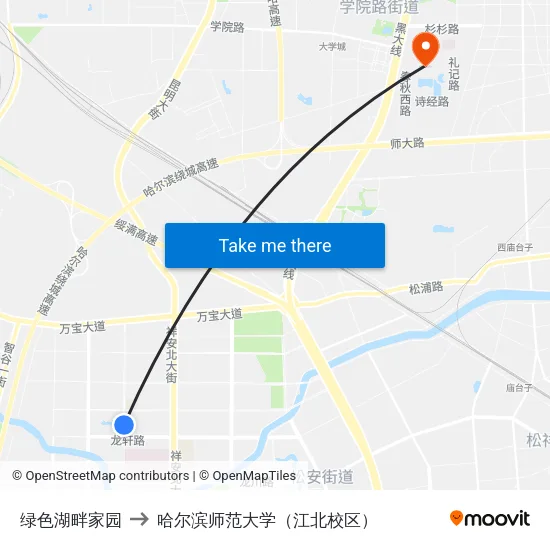绿色湖畔家园 to 哈尔滨师范大学（江北校区） map