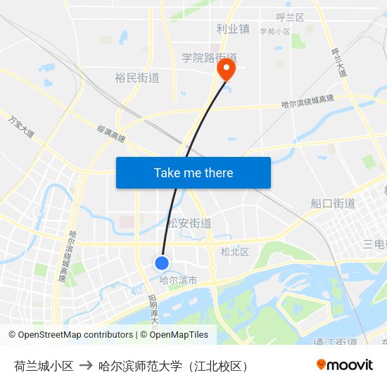 荷兰城小区 to 哈尔滨师范大学（江北校区） map