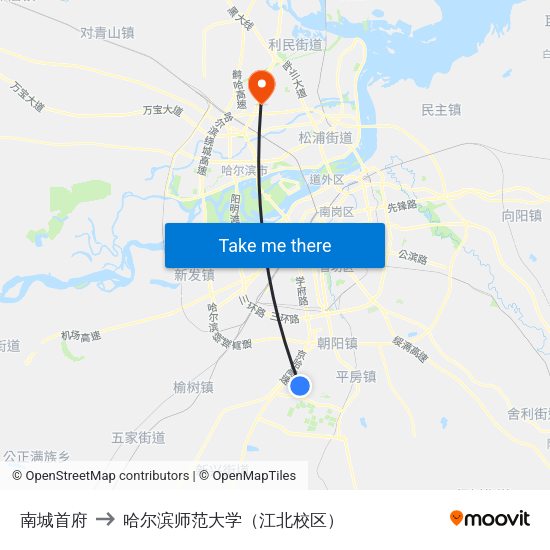 南城首府 to 哈尔滨师范大学（江北校区） map