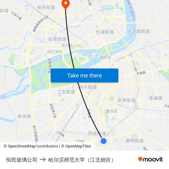 恒民玻璃公司 to 哈尔滨师范大学（江北校区） map