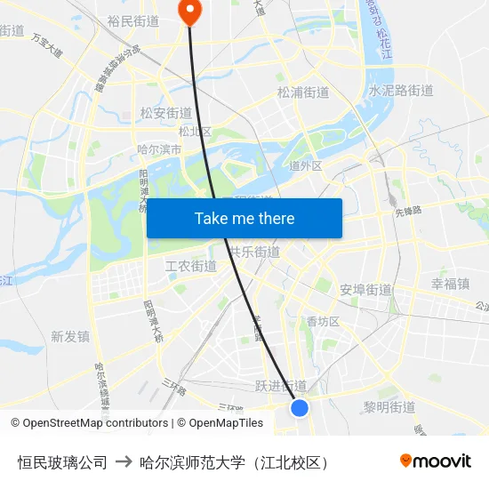恒民玻璃公司 to 哈尔滨师范大学（江北校区） map