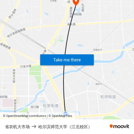 省农机大市场 to 哈尔滨师范大学（江北校区） map