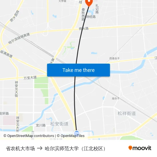 省农机大市场 to 哈尔滨师范大学（江北校区） map