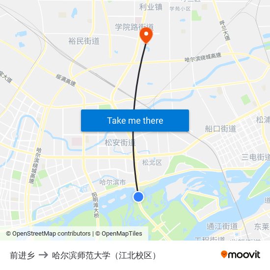前进乡 to 哈尔滨师范大学（江北校区） map