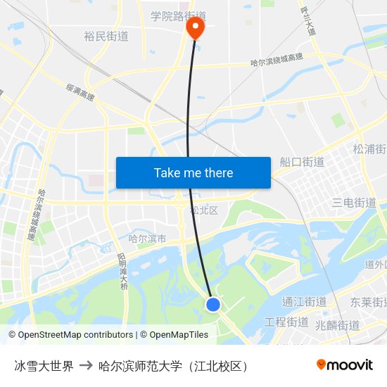 冰雪大世界 to 哈尔滨师范大学（江北校区） map