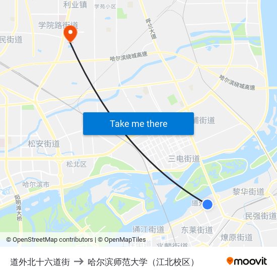 道外北十六道街 to 哈尔滨师范大学（江北校区） map