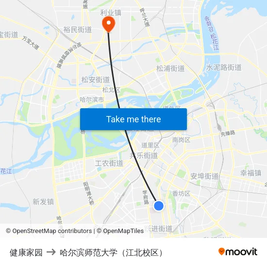 健康家园 to 哈尔滨师范大学（江北校区） map