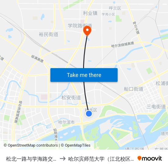 松北一路与学海路交口 to 哈尔滨师范大学（江北校区） map