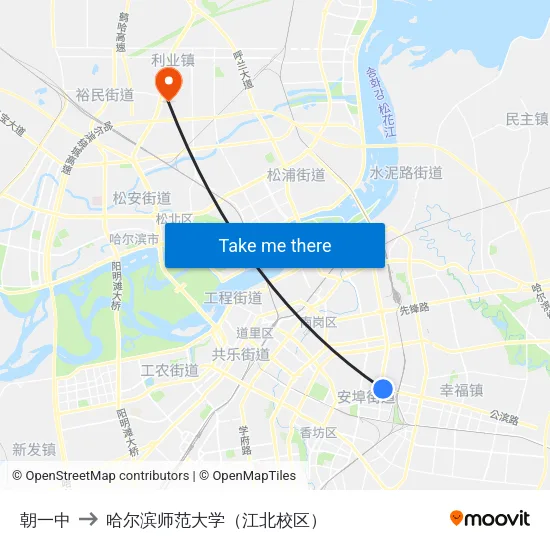 朝一中 to 哈尔滨师范大学（江北校区） map