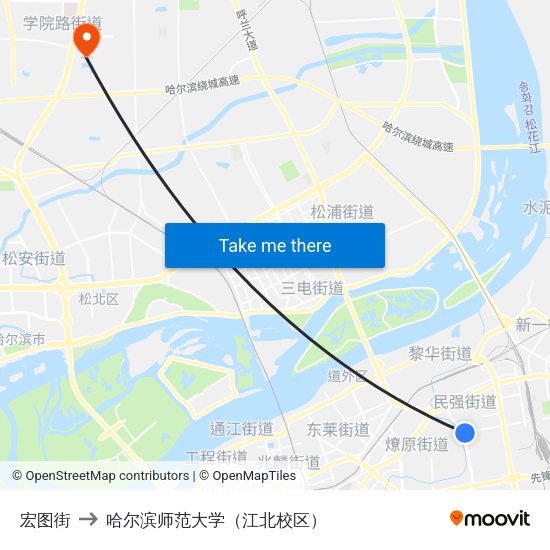 宏图街 to 哈尔滨师范大学（江北校区） map