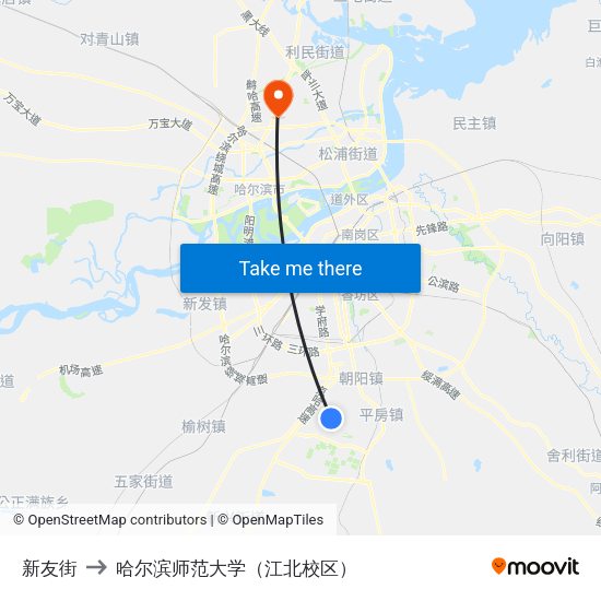 新友街 to 哈尔滨师范大学（江北校区） map