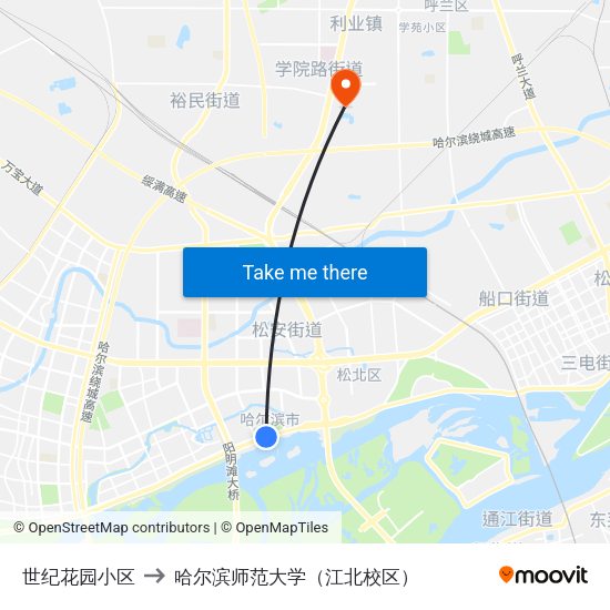 世纪花园小区 to 哈尔滨师范大学（江北校区） map