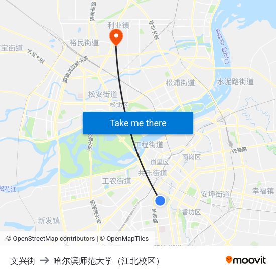 文兴街 to 哈尔滨师范大学（江北校区） map