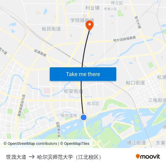 世茂大道 to 哈尔滨师范大学（江北校区） map