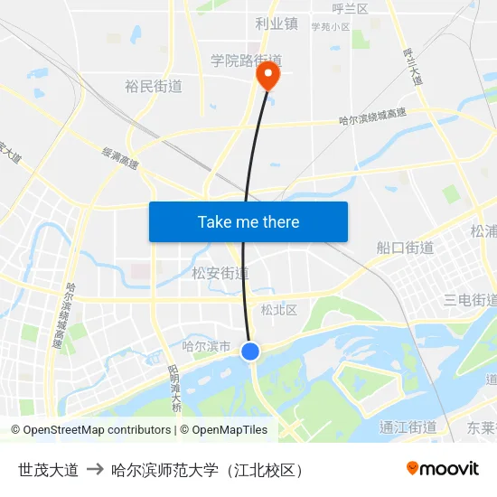 世茂大道 to 哈尔滨师范大学（江北校区） map