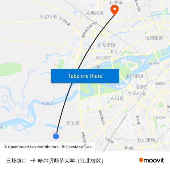 三场道口 to 哈尔滨师范大学（江北校区） map