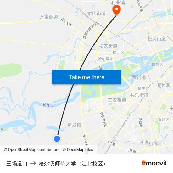 三场道口 to 哈尔滨师范大学（江北校区） map