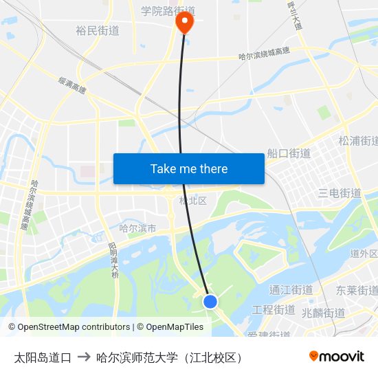 太阳岛道口 to 哈尔滨师范大学（江北校区） map
