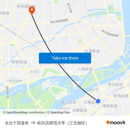 太古十四道街 to 哈尔滨师范大学（江北校区） map