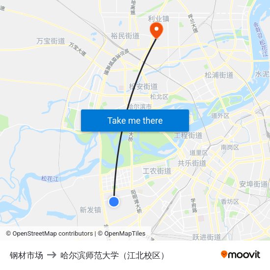 钢材市场 to 哈尔滨师范大学（江北校区） map