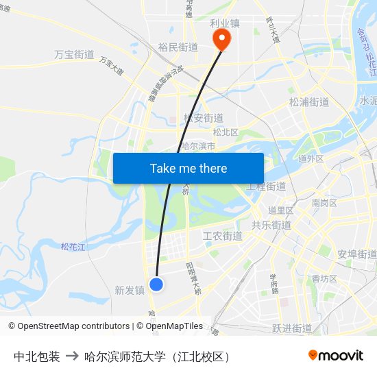 中北包装 to 哈尔滨师范大学（江北校区） map