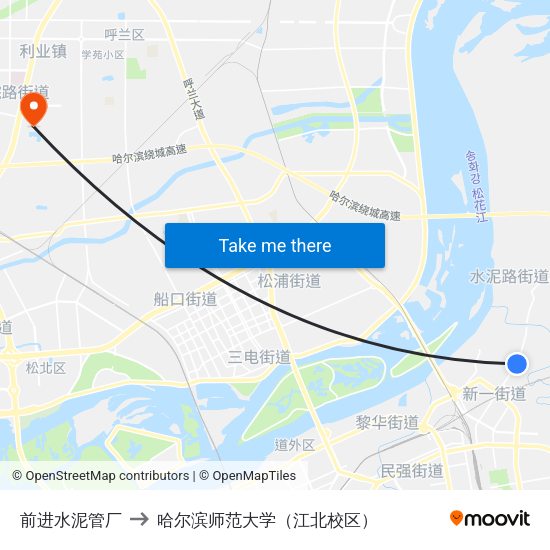 前进水泥管厂 to 哈尔滨师范大学（江北校区） map