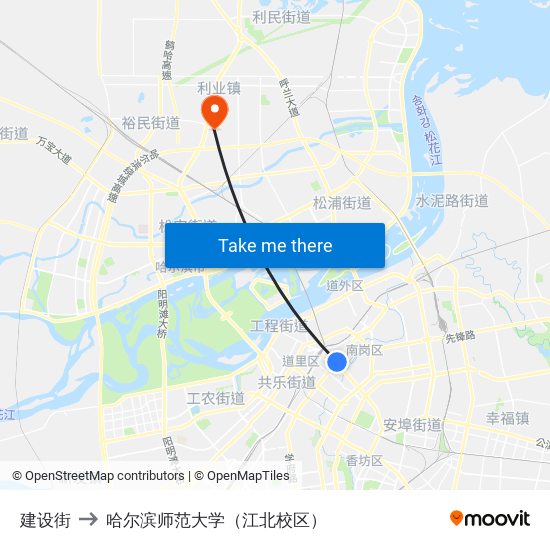 建设街 to 哈尔滨师范大学（江北校区） map