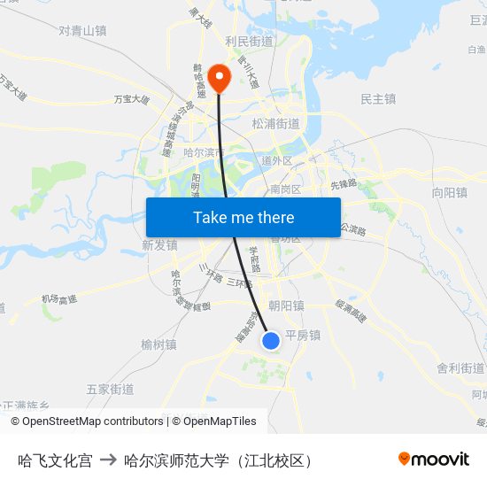 哈飞文化宫 to 哈尔滨师范大学（江北校区） map