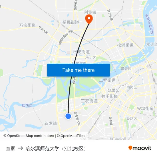 查家 to 哈尔滨师范大学（江北校区） map