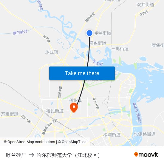 呼兰砖厂 to 哈尔滨师范大学（江北校区） map