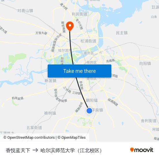 香悦蓝天下 to 哈尔滨师范大学（江北校区） map