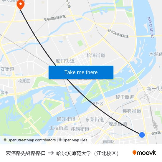 宏伟路先锋路路口 to 哈尔滨师范大学（江北校区） map