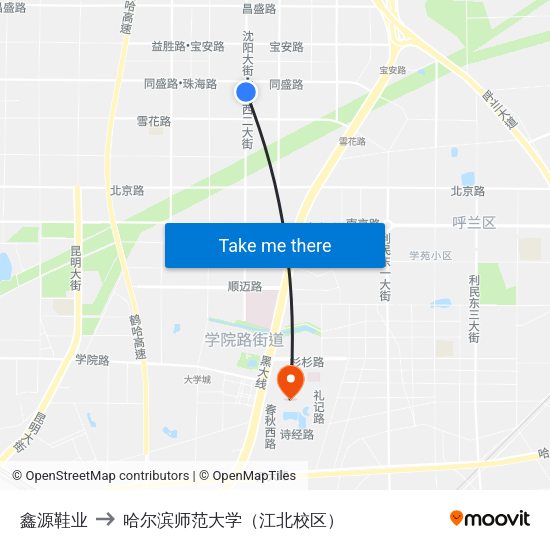 鑫源鞋业 to 哈尔滨师范大学（江北校区） map