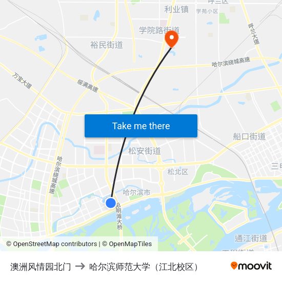 澳洲风情园北门 to 哈尔滨师范大学（江北校区） map