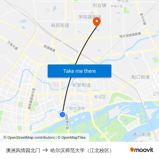 澳洲风情园北门 to 哈尔滨师范大学（江北校区） map