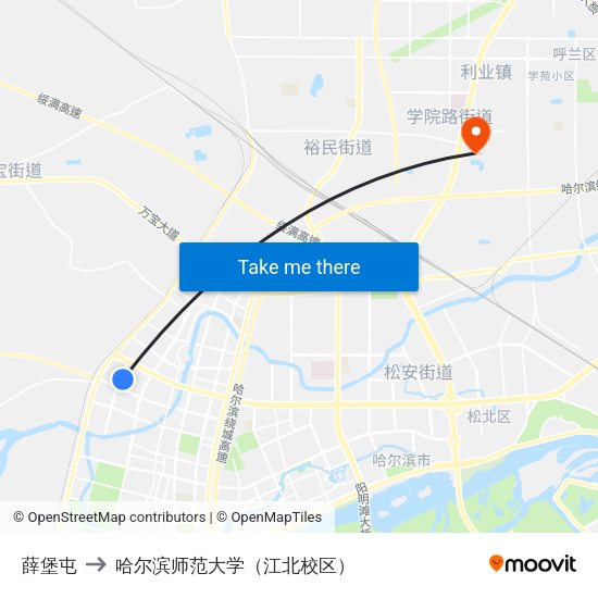 薛堡屯 to 哈尔滨师范大学（江北校区） map
