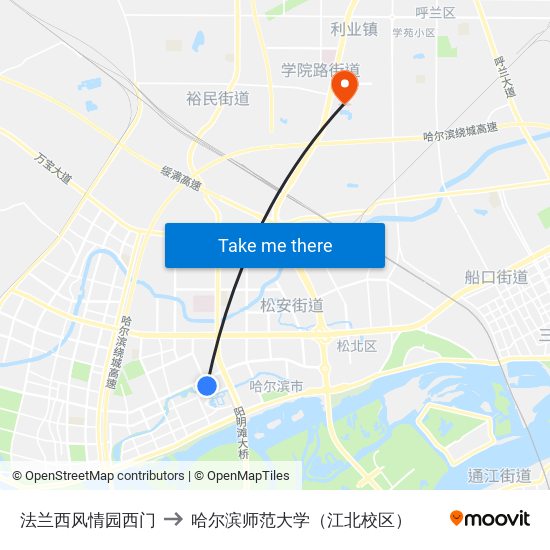 法兰西风情园西门 to 哈尔滨师范大学（江北校区） map