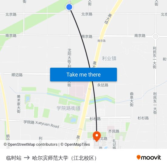 临时站 to 哈尔滨师范大学（江北校区） map