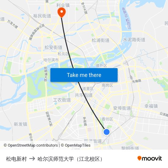松电新村 to 哈尔滨师范大学（江北校区） map