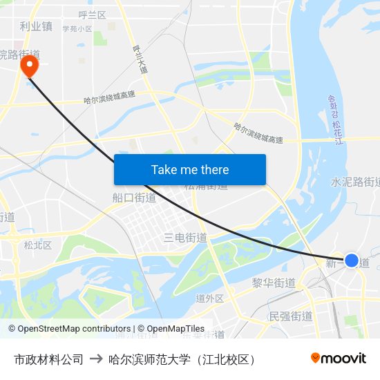 市政材料公司 to 哈尔滨师范大学（江北校区） map