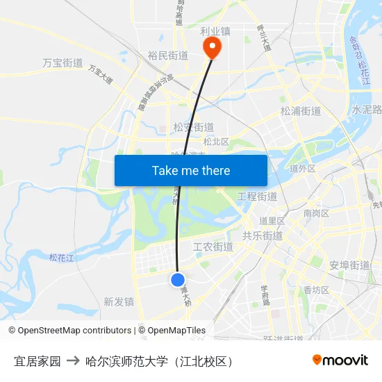 宜居家园 to 哈尔滨师范大学（江北校区） map