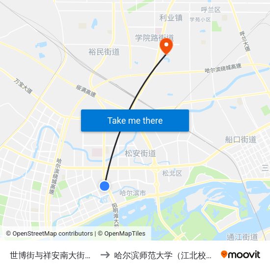 世博街与祥安南大街交口 to 哈尔滨师范大学（江北校区） map