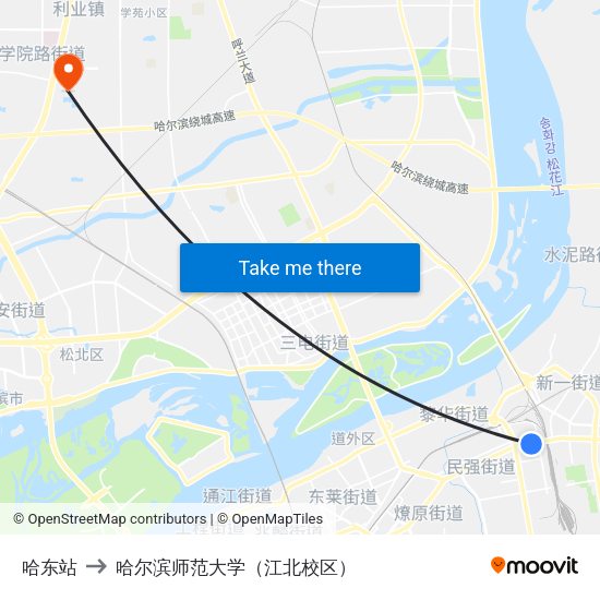 哈东站 to 哈尔滨师范大学（江北校区） map