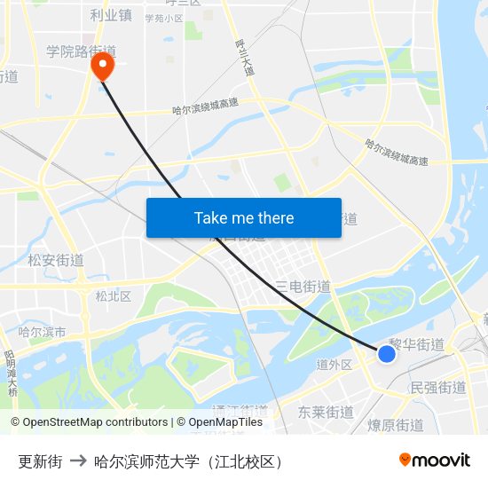 更新街 to 哈尔滨师范大学（江北校区） map