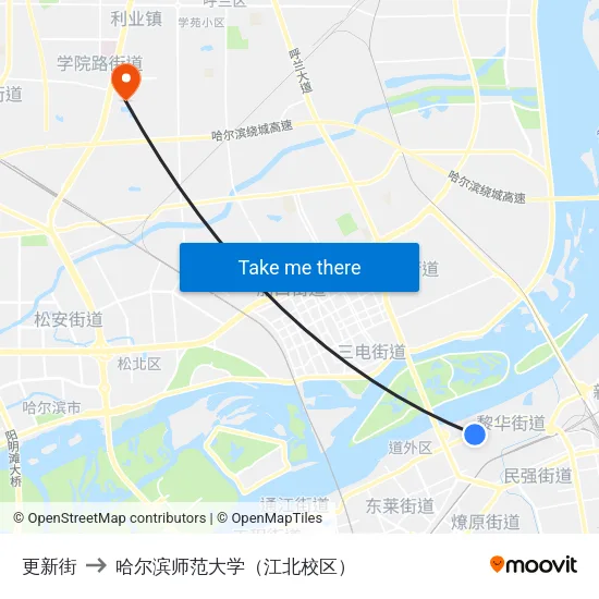 更新街 to 哈尔滨师范大学（江北校区） map
