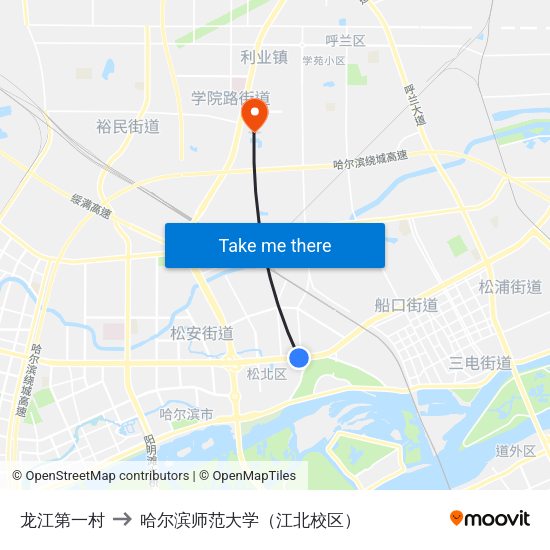 龙江第一村 to 哈尔滨师范大学（江北校区） map