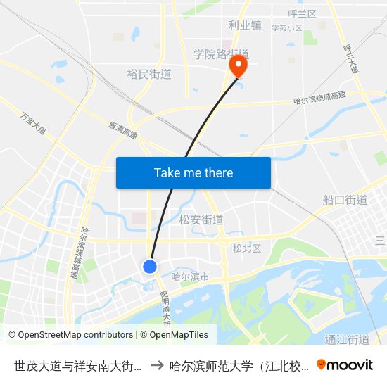 世茂大道与祥安南大街交口 to 哈尔滨师范大学（江北校区） map