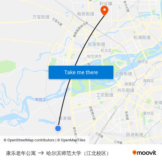 康乐老年公寓 to 哈尔滨师范大学（江北校区） map