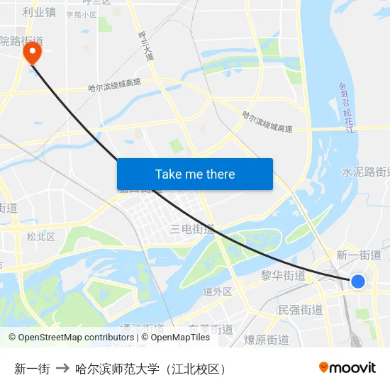 新一街 to 哈尔滨师范大学（江北校区） map